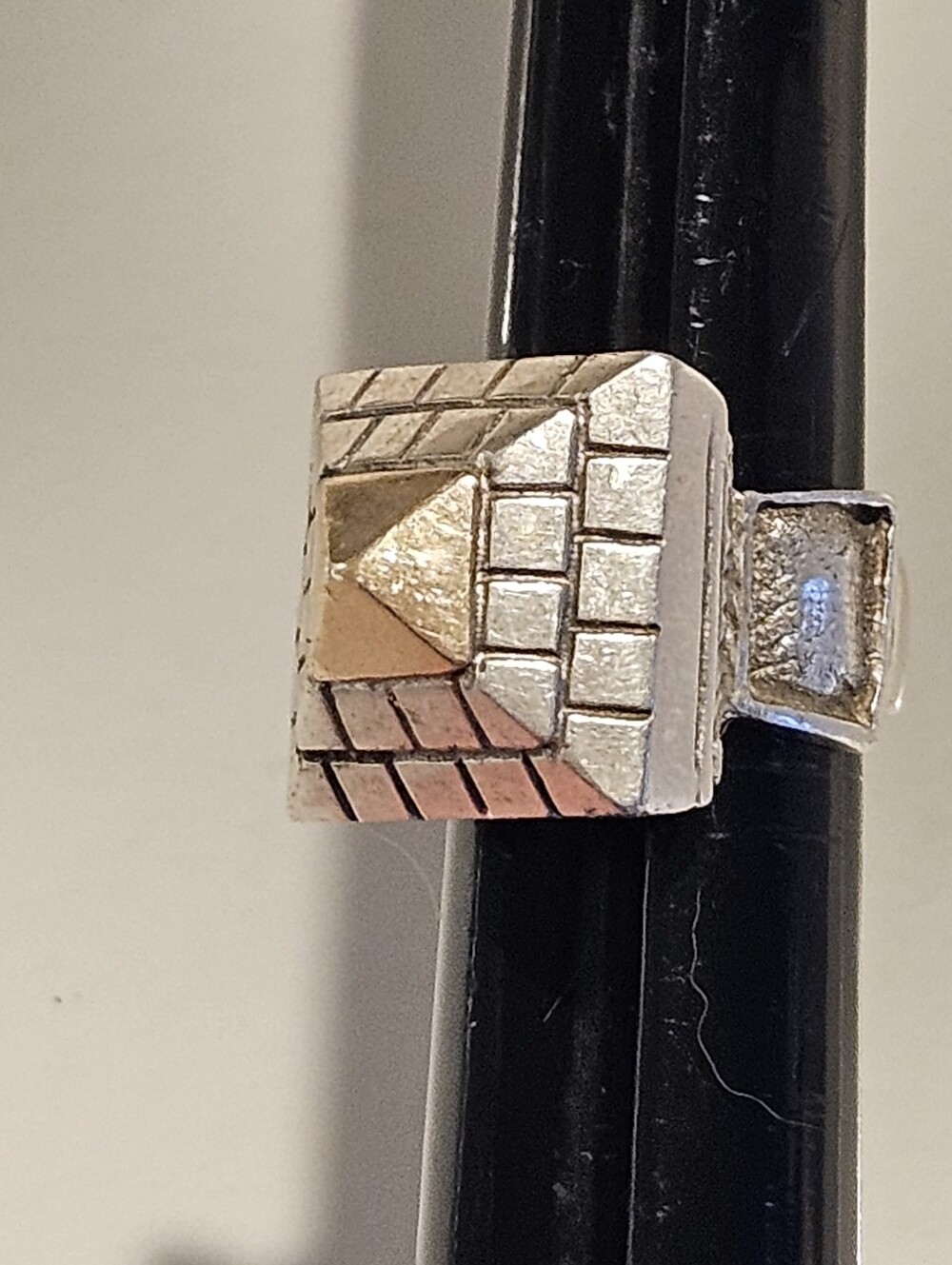 Massive Chunky Solid 14k Yellow Gold & Sterling Silver Pyramid Ring Artisan - Picture 5 of 10